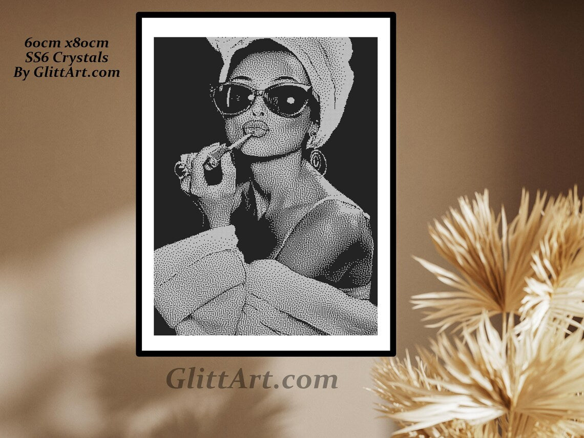 Audrey Hepburn lipstick Swarovski STYLE rhinestones crystals portrait digital template for Handmade. 60cm x 80cm size picture wall art deco